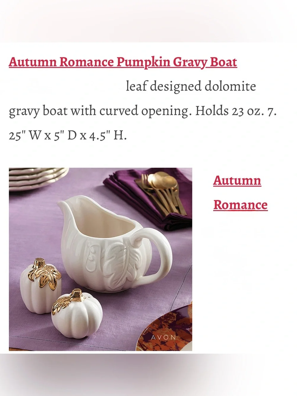 Avon Vintage Autumn Romance Pumpkin Gravy Boat. Circa 1990s. 24oz